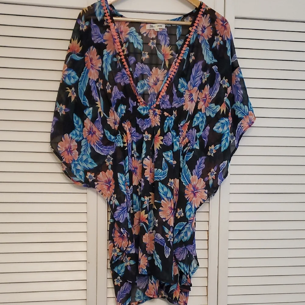 Miken Swim Floral Tropical Swim Cover-Up Kimono, Size XL